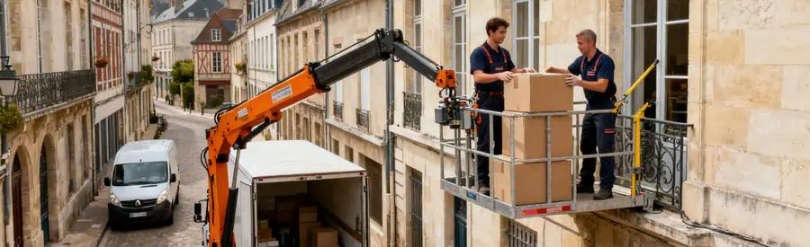 Déménageurs utilisant un monte-meuble dans les rues étroites de Tours, Indre-et-Loire.