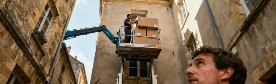 Demenagement Montigny Les Metz Monte Meuble Déménageur utilisant un monte-meuble dans le vieux Montigny-lès-Metz pour accéder à un étage élevé, défis logistiques visibles.