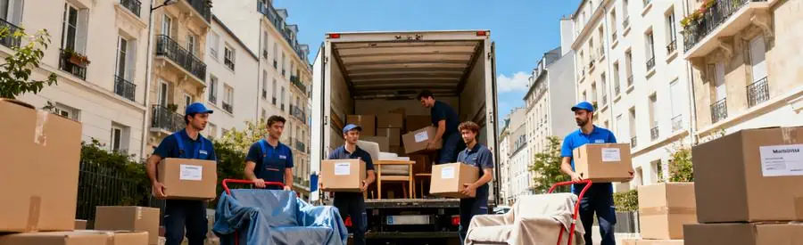 Demenagement Montrouge Equipe Chargement Déménageurs professionnels chargeant un camion dans une rue de Montrouge, illustrant les services de déménagement local.
