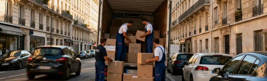 Demenagement Montrouge Equipiers Camion Déménageurs professionels organisant le chargement dans un camion à Montrouge, ambiance matinale.