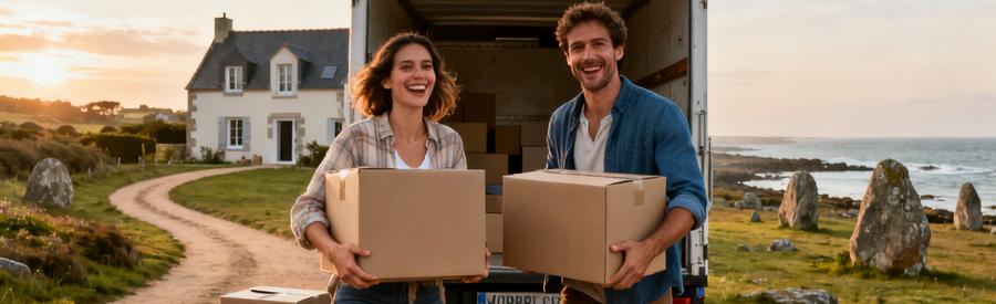Demenagement Morbihan Nouvelle Maison Couple heureux déchargeant des cartons de déménagement devant leur nouvelle maison dans le Morbihan, décor côtier.
