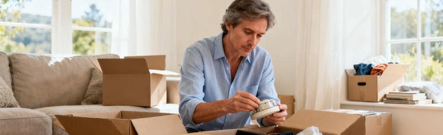 Deménagement Morbihan Preparation Personne triant des affaires dans un salon, préparant son déménagement dans le Morbihan.