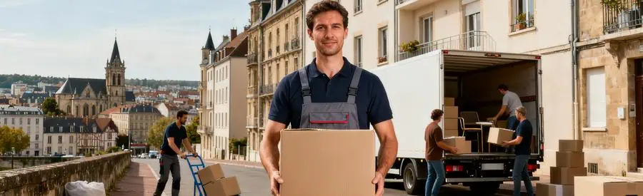 Déménageur transportant des cartons dans un appartement typique de Moselle, illustrant les enjeux locaux du déménagement.