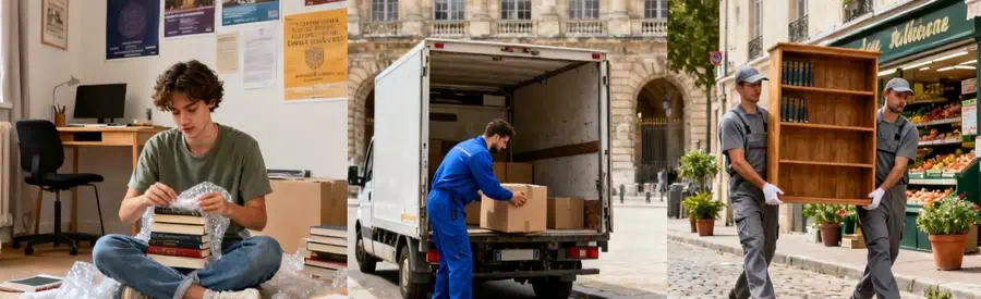 Trois scènes illustrant le déménagement à Nancy, avec des étudiants et déménageurs dans des environnements variés.