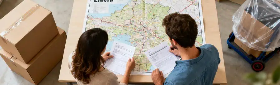Couple examinant une carte de la Nièvre et des documents pour comparer des déménageurs.