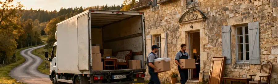 Déménageurs transportant cartons et meubles devant une maison ancienne en pierre en Nièvre, paysage verdoyant.
