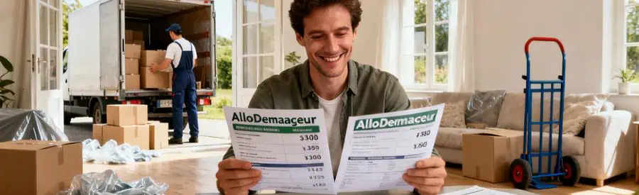 Client comparant des offres de déménagement à une table, déménageur chargeant le camion en arrière-plan.