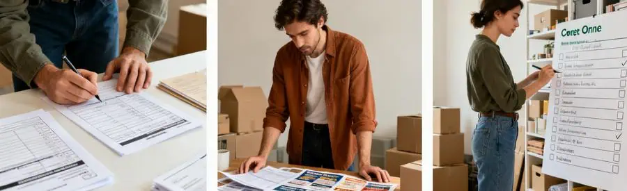 Demenagement Orne Etapes Illustration des trois étapes de mise en relation pour un déménagement en Orne : formulaire, offres et checklist.