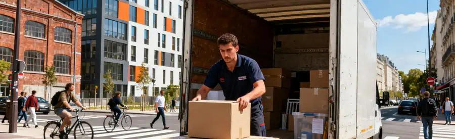 Déménageur chargeant des cartons dans un camion dans une rue animée de Pantin, montrant la logistique urbaine.