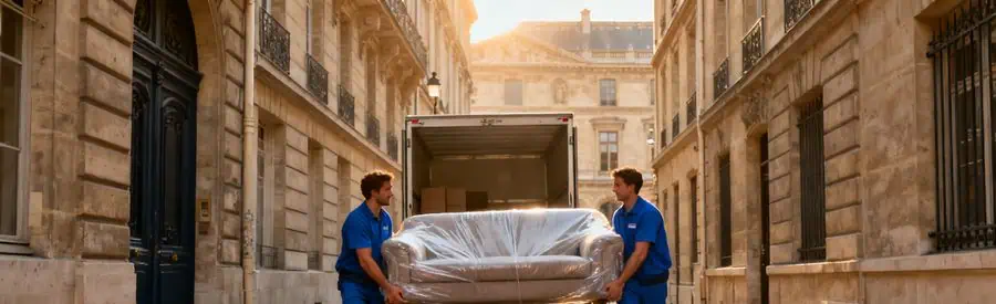 Déménageurs transportant un canapé dans une rue étroite du 1er arrondissement de Paris près du Louvre