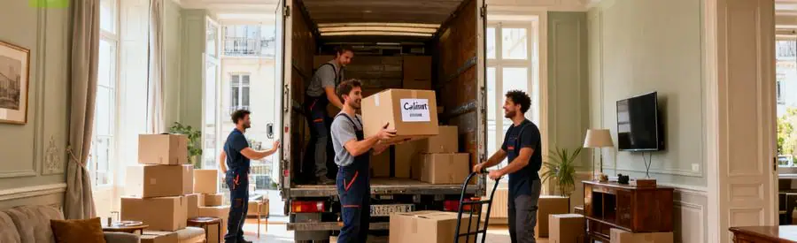 Demenagement Pas De Calais Chargement Déménageurs professionnels chargent des cartons dans un camion à Calais, illustrant la diversité des services de déménagement dans le Pas-de-Calais.