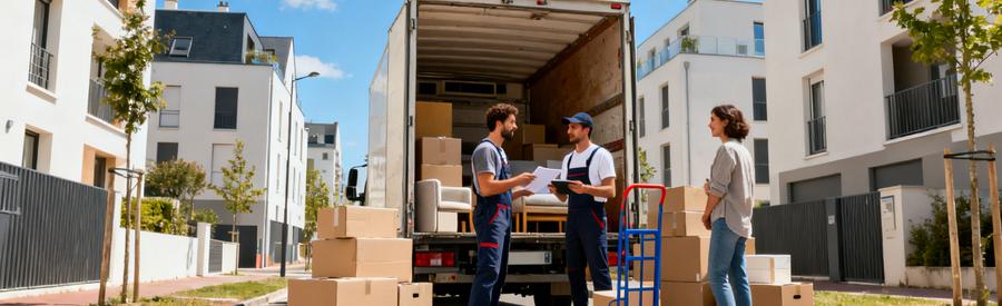 Déménageurs au travail dans un quartier moderne de Nantes, illustrant les services de déménagement en Pays de la Loire.