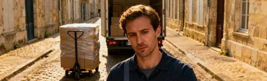 Déménageur planifiant l'itinéraire pour un déménagement à Autun dans une rue étroite, mettant en avant la préparation locale.