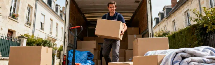 Demenagement Professionnel Blois Scène de déménagement à Blois avec un professionnel chargeant des cartons dans un camion.