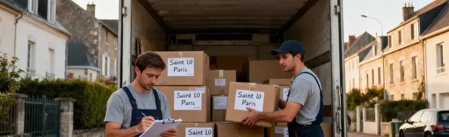 Deux déménageurs chargent des cartons dans un camion à Cherbourg-en-Cotentin, illustrant les options de déménagement.