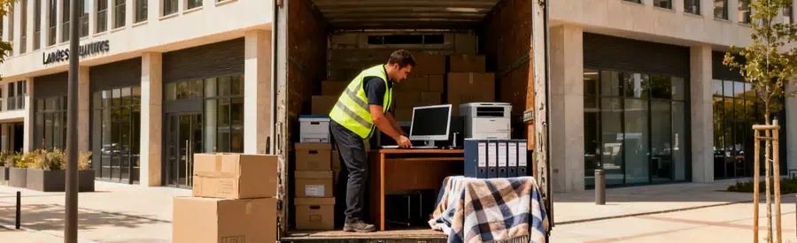 Demenagement Professionnel Landes Déménageur professionnel chargeant des meubles de bureau dans un camion dans une zone d'affaires des Landes.