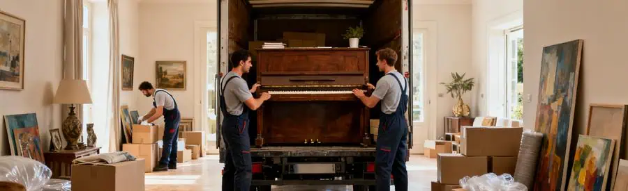 Demenagement Professionnels Agen Déménageurs professionnels à Agen s'occupant d'un transport de piano et de cartons d'objets d'art.