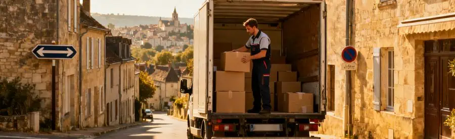 Déménageur professionnel chargeant des cartons dans un camion sur une rue typique de Dordogne, illustrant le réseau de déménagement.