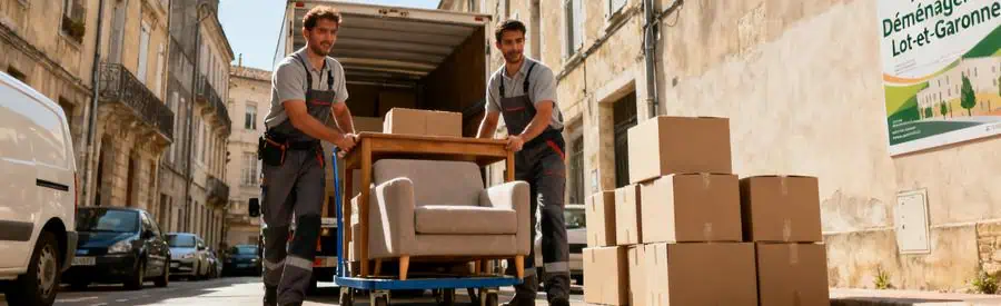 Déménageurs chargent des meubles dans le centre-ville d'Agen, illustrant les défis du déménagement en milieu urbain.