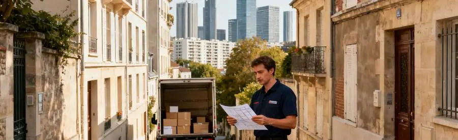 Déménageur en repérage dans une rue étroite de Puteaux, discutant des contraintes logistiques.