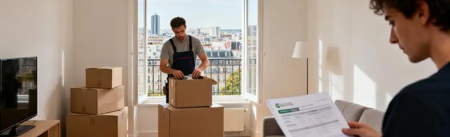 Déménageur préparant des cartons à Puteaux, avec une personne comparant des options de déménagement.