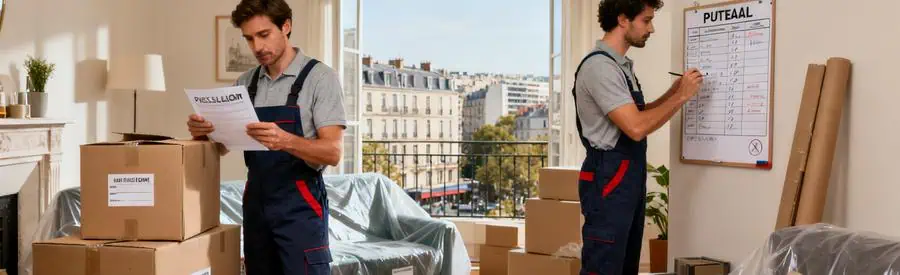 Déménageurs préparant un déménagement à Puteaux, organisant cartons et documents de résiliation.