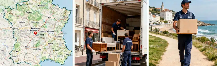 Demenagement Pyrenees Atlantiques Couverture Visuels représentant la couverture des services de déménagement dans les Pyrénées-Atlantiques, incluant des scènes urbaines et rurales.
