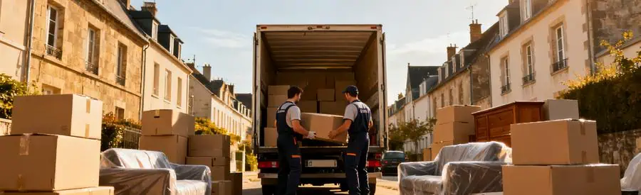 Déménageurs professionnels chargent un camion dans un quartier résidentiel de Quimper, illustrant un transfert local.