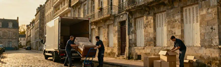 Déménageurs chargent des meubles volumineux dans un camion, rue pavée à Quimper.