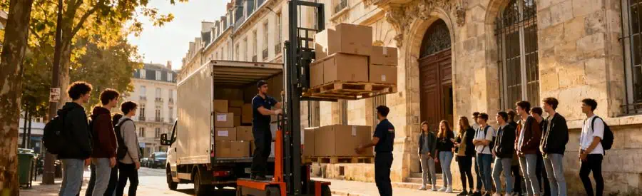 Déménageurs professionnels utilisant un monte-meuble dans une rue historique de Reims pour un déménagement.