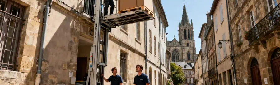 Déménagement à Rodez avec monte-meuble pour accéder à un immeuble ancien dans une ruelle étroite.
