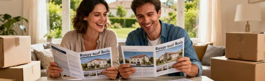 Couple examinant des brochures immobilières pour leur déménagement à Rosny-sous-Bois, cadre résidentiel lumineux.