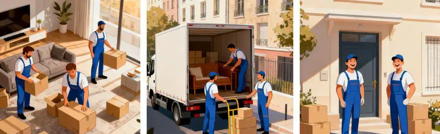 Trois scènes illustrant un déménagement local à Rosny-sous-Bois avec des déménageurs en action.