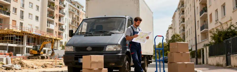 Déménageur consultant une carte à Rosny-sous-Bois avec immeubles et chantier en arrière-plan.