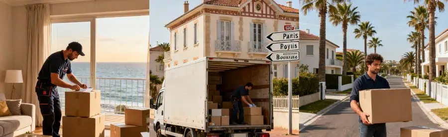 Trois scènes de déménagement à Royan, illustrant l'organisation professionnelle et l'environnement côtier.