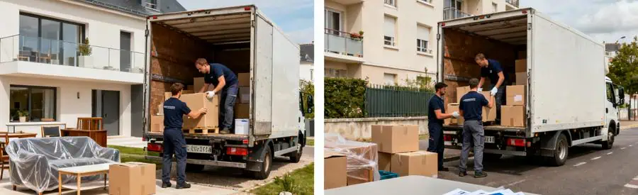 Équipes de déménageurs en action à Saint-Brieuc et Rennes, illustrant deménagement local et longue distance.