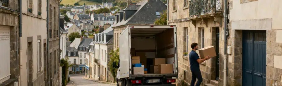 Déménageur portant un carton dans une rue étroite de Saint-Brieuc, illustrant les contraintes logistiques.