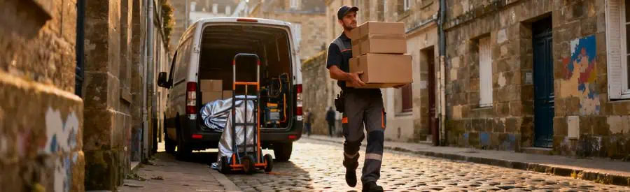 Déménageur transportant des cartons dans une rue pavée de Saint-Malo, illustrant les défis d'un déménagement.