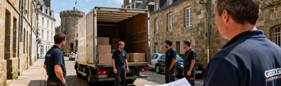 Équipe de déménageurs planifiant le stationnement devant une rue étroite historique à Saint-Malo.