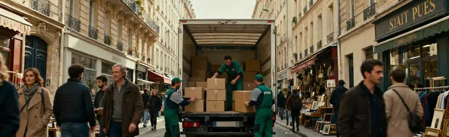 Demenagement Saint Ouen Sur Seine Quartier Puces Camion de déménagement dans les ruelles des Puces à Saint-Ouen-sur-Seine, avec des déménageurs et des piétons présents.