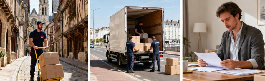 Trois scènes de déménagement en Seine-Maritime, illustrant défis et choix d'offres professionnelles.