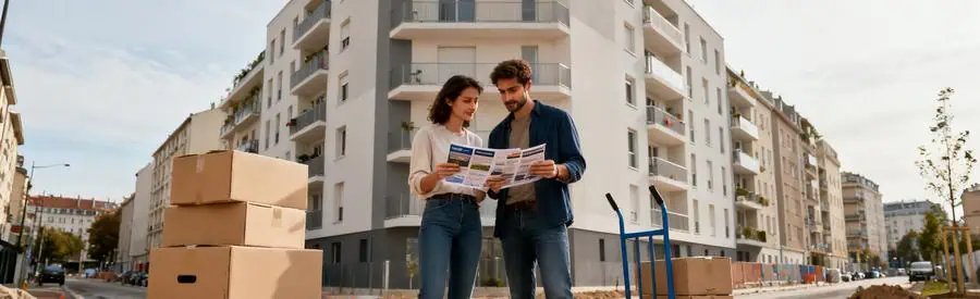 Couple examinant des brochures d'offres de déménagement devant un appartement à Sevran, cartons à proximité.