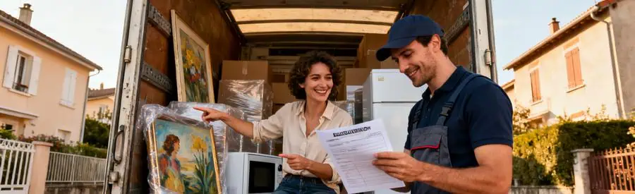 Déménageur et client examinant la déclaration de valeur pour assurer des objets fragiles pendant le déménagement à Tarbes.