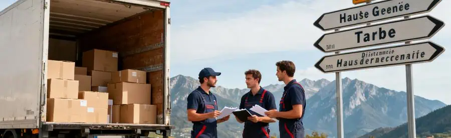Camion de déménagement à Tarbes, déménageurs planifiant des trajets et distances avec paysage pyrénéen en arrière-plan.
