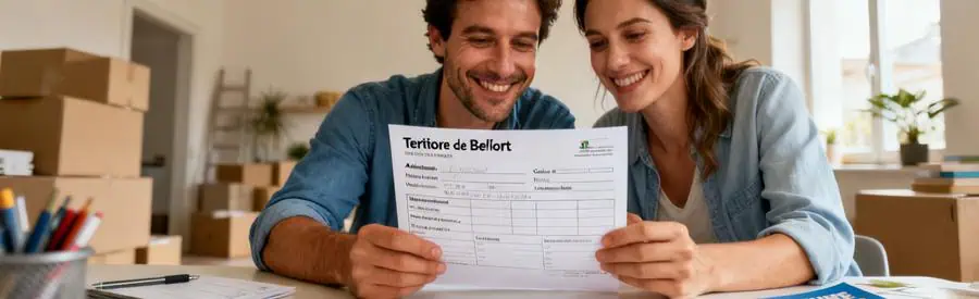 Couple examinant un formulaire pour le déménagement dans le Territoire de Belfort, discutant des adresses et du volume.