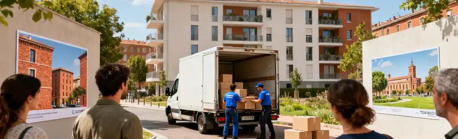 Déménageurs chargent des cartons dans un camion devant un immeuble moderne à Toulouse, illustrant l'augmentation des déménagements dans la ville.