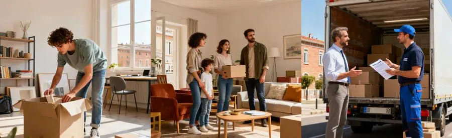 Illustration de trois approches de déménagement à Toulouse : étudiant, famille et cadre professionnel.