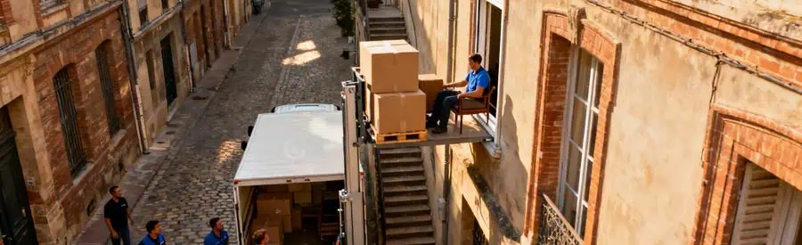 Déménageur utilisant un monte-meuble pour transporter des cartons dans un quartier historique de Toulouse.