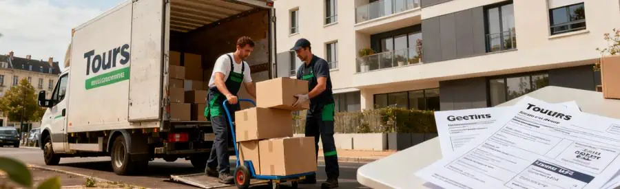 Déménageurs professionnels à Tours, Indre-et-Loire, chargeant des cartons et comparant des offres de déménagement.