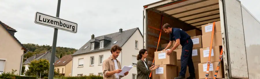 Déménageur chargeant des cartons dans un camion à Moselle pour un déménagement vers le Luxembourg.